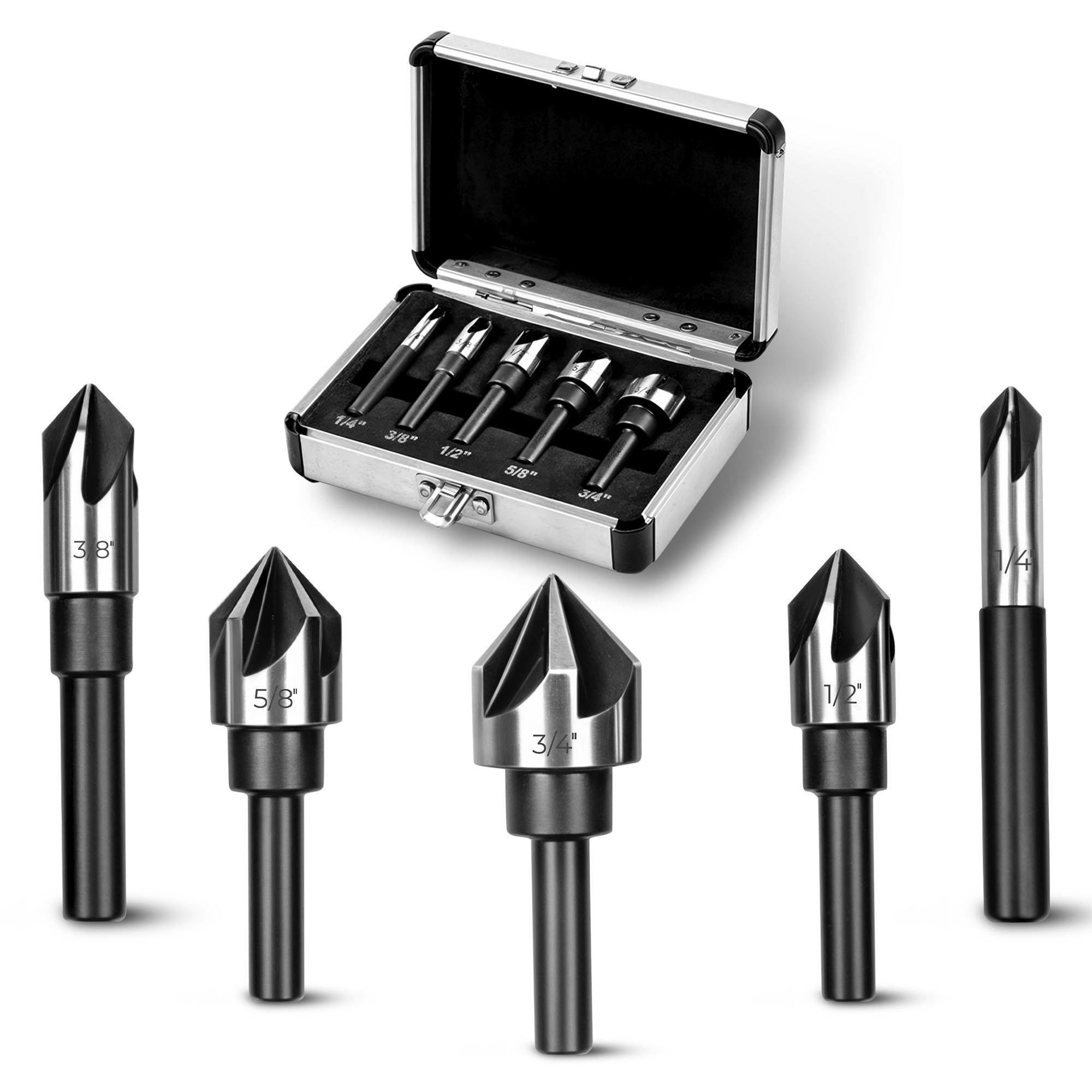 AV Steel 5-Piece Countersink Drill Bit Set — 1/4in., 3/8in., 1/2in., 5/8in., 3/4in., HSS4241, 82 Degree, Aluminum Case, Model# AV-500105